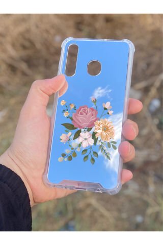 Samsung Galaxy A30 Uyumlu Aynalı Pembe Gül Desenli Darbe Kamera Korumalı Silikon Telefon Kılıfı