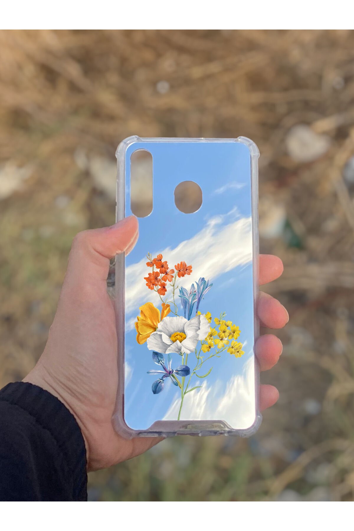 Samsung Galaxy A30 Uyumlu Aynalı Beyaz Çiçek Desenli Darbe Kamera Korumalı Silikon Telefon Kılıfı