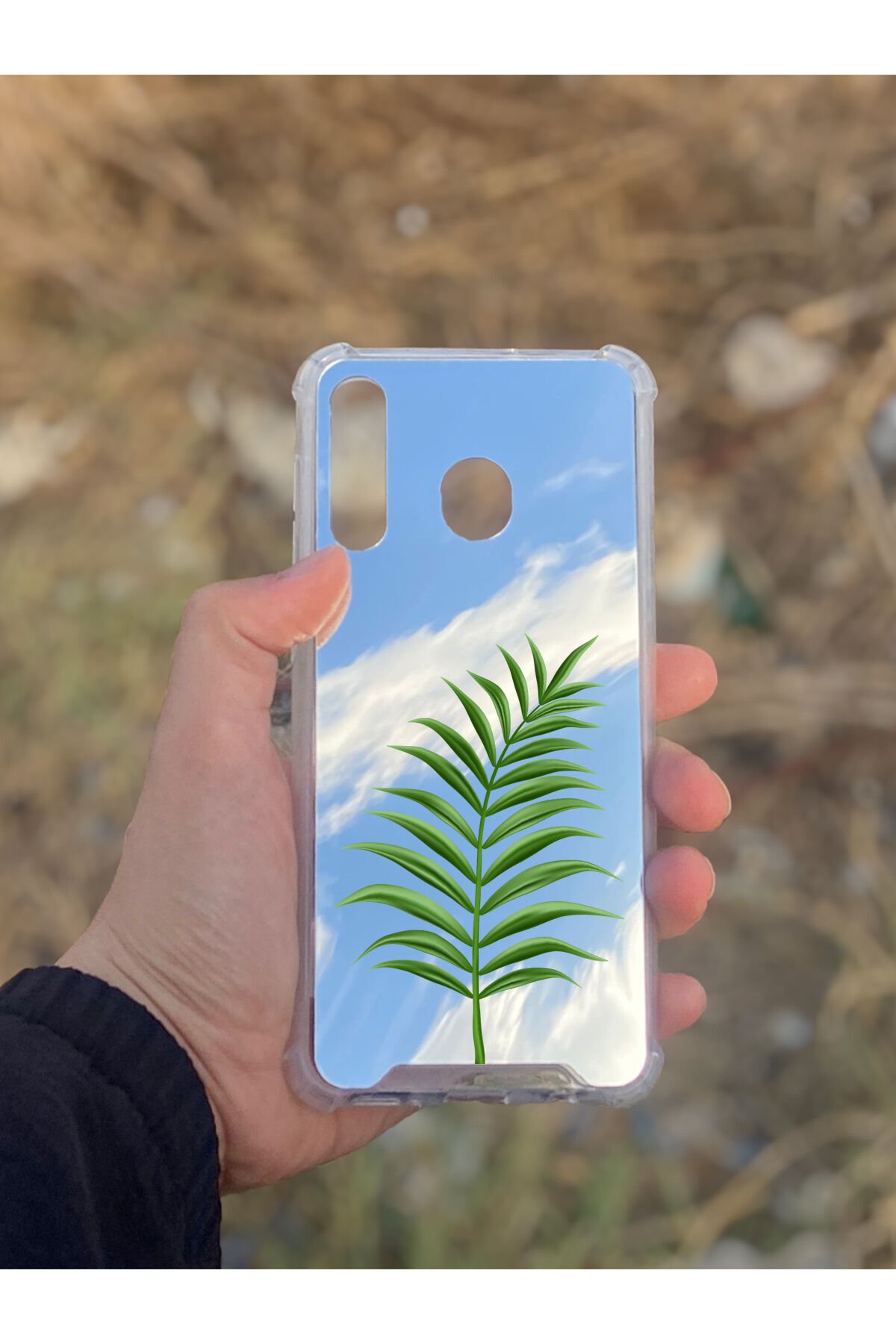 Samsung Galaxy A30 Uyumlu Aynalı Yaprak Desenli Darbe Kamera Korumalı Silikon Telefon Kılıfı
