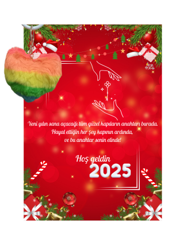 Yeni Yıl 2025 Kart Üzerinde Anahtarlık (Kişiye Özel Yazı Yazdırılabilir) Renkli Kalp