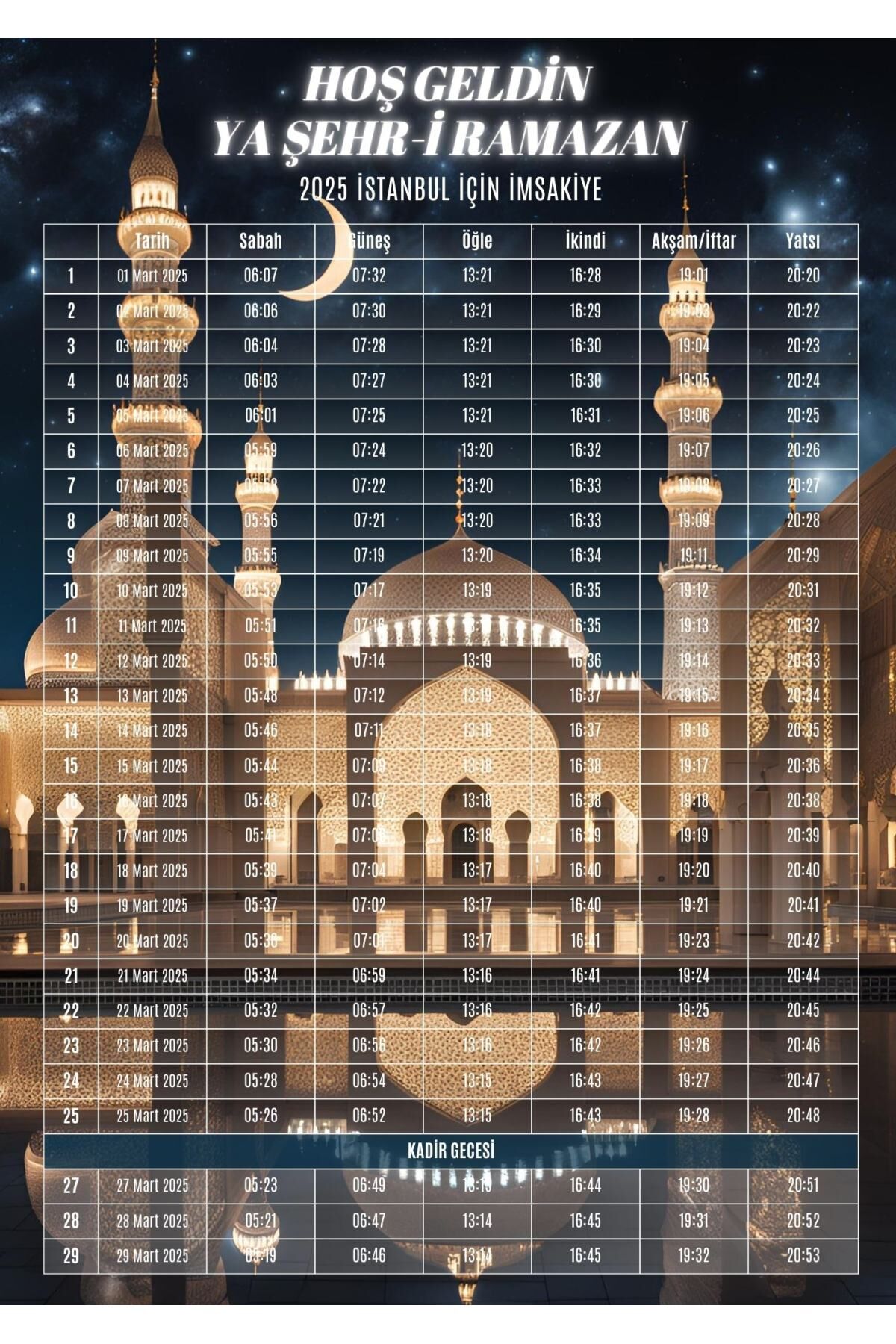Ramazan İmsakiyesi Modern Kişiye Özel Tasarımlı Dijital Baskı 100 Adet A4 300 gr Model 15