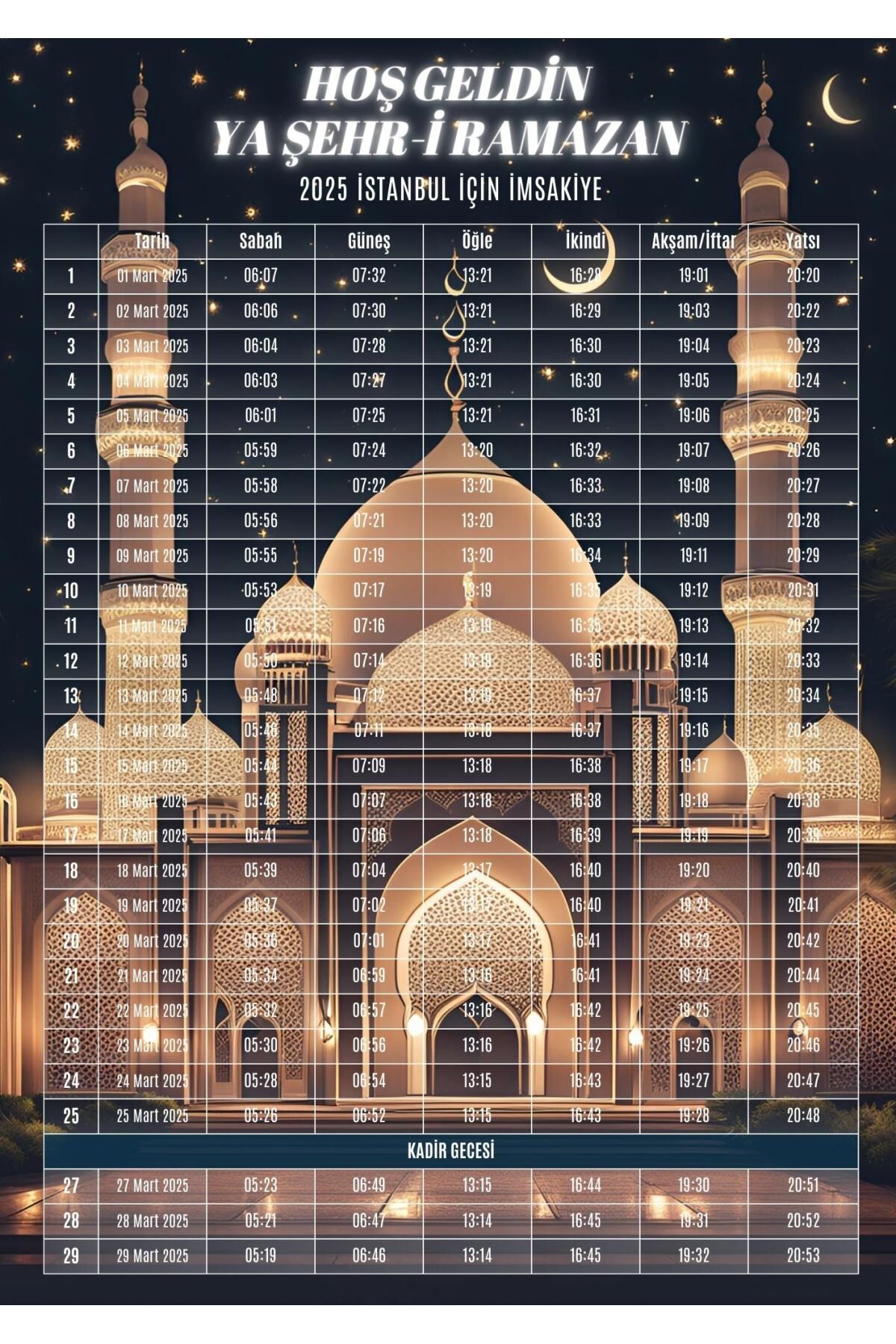 Ramazan İmsakiyesi Modern Kişiye Özel Tasarımlı Dijital Baskı 100 Adet A4 300 gr Model 16