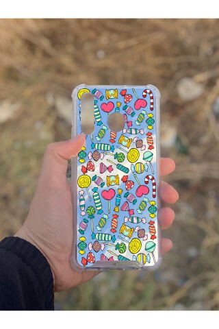 Samsung Galaxy A30 Uyumlu Aynalı Şeker Desenli Darbe Kamera Korumalı Silikon Telefon Kılıfı