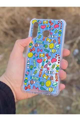 Samsung Galaxy A30 Uyumlu Aynalı Şeker Desenli Darbe Kamera Korumalı Silikon Telefon Kılıfı