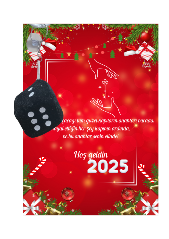 Yeni Yıl 2025 Kart Üzerinde Anahtarlık (Kişiye Özel Yazı Yazdırılabilir) Zar Model