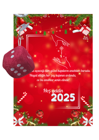 Yeni Yıl 2025 Kart Üzerinde Anahtarlık (Kişiye Özel Yazı Yazdırılabilir) Zar Model