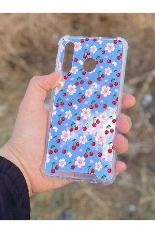 Samsung Galaxy A30 Uyumlu Aynalı Kiraz Desenli Darbe Kamera Korumalı Silikon Telefon Kılıfı
