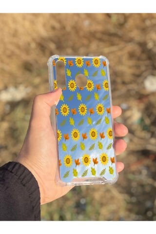 Samsung Galaxy A30 Uyumlu Aynalı Ayçiçeği Desenli Darbe Kamera Korumalı Silikon Telefon Kılıfı