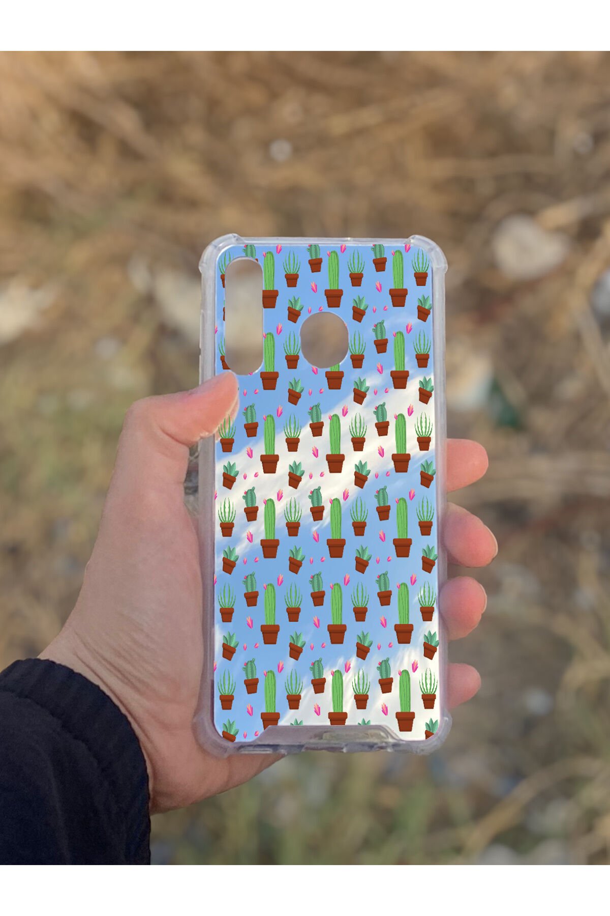 Samsung Galaxy A30 Uyumlu Aynalı Kaktüs Desenli Darbe Kamera Korumalı Silikon Telefon Kılıfı