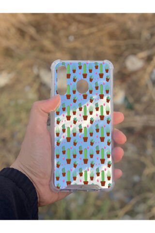 Samsung Galaxy A30 Uyumlu Aynalı Kaktüs Desenli Darbe Kamera Korumalı Silikon Telefon Kılıfı