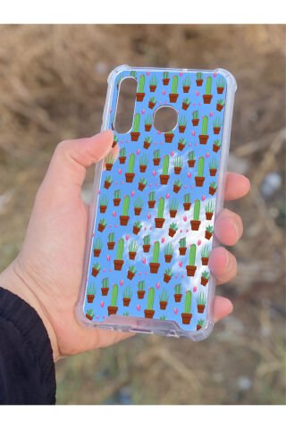 Samsung Galaxy A30 Uyumlu Aynalı Kaktüs Desenli Darbe Kamera Korumalı Silikon Telefon Kılıfı