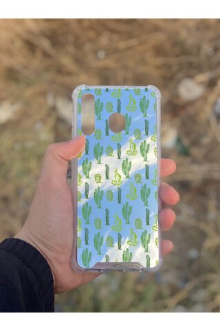 Samsung Galaxy A30 Uyumlu Aynalı Ağaç Kaktüs Desenli Darbe Kamera Korumalı Silikon Telefon Kılıfı