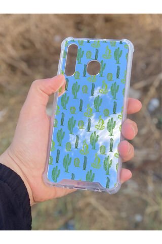 Samsung Galaxy A30 Uyumlu Aynalı Ağaç Kaktüs Desenli Darbe Kamera Korumalı Silikon Telefon Kılıfı