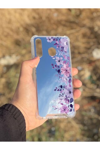 Samsung Galaxy A30 Uyumlu Aynalı Mor Çiçek Desenli Darbe Kamera Korumalı Silikon Telefon Kılıfı