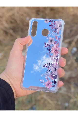 Samsung Galaxy A30 Uyumlu Aynalı Mor Çiçek Desenli Darbe Kamera Korumalı Silikon Telefon Kılıfı