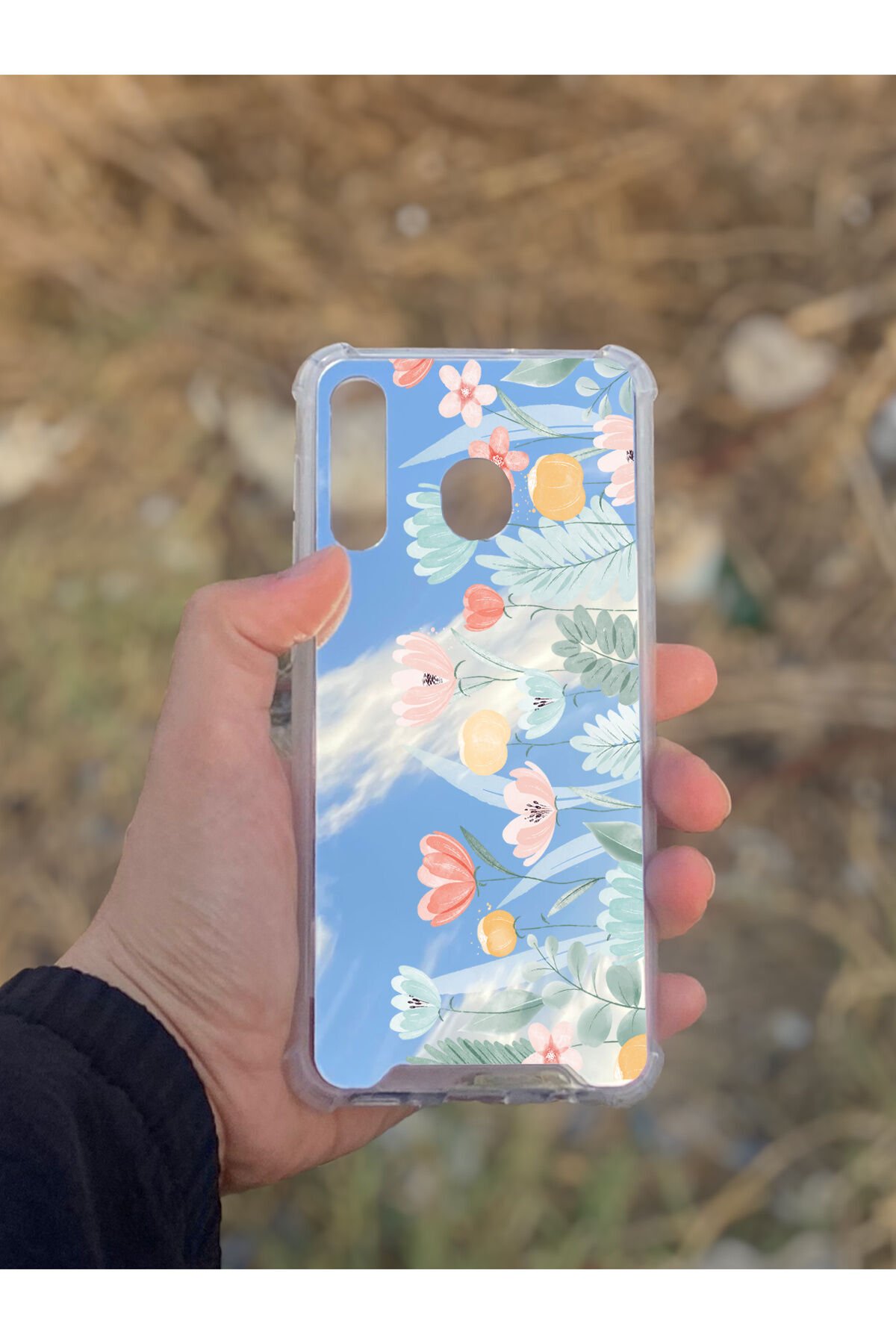 Samsung Galaxy A30 Uyumlu Aynalı Lale Desenli Darbe Kamera Korumalı Silikon Telefon Kılıfı