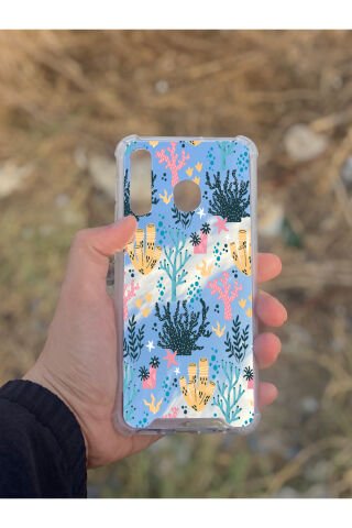 Samsung Galaxy A30 Uyumlu Aynalı Renkli Dal Desenli Darbe Kamera Korumalı Silikon Telefon Kılıfı