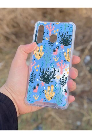 Samsung Galaxy A30 Uyumlu Aynalı Renkli Dal Desenli Darbe Kamera Korumalı Silikon Telefon Kılıfı