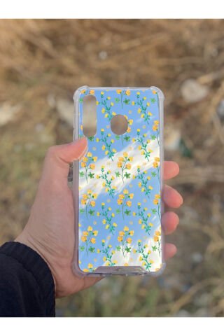 Samsung Galaxy A30 Uyumlu Aynalı Sarı Çiçek Desenli Darbe Kamera Korumalı Silikon Telefon Kılıfı