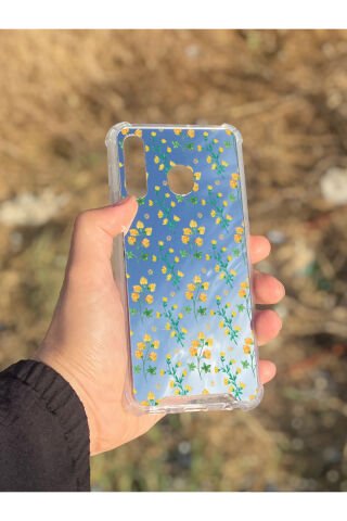 Samsung Galaxy A30 Uyumlu Aynalı Sarı Çiçek Desenli Darbe Kamera Korumalı Silikon Telefon Kılıfı