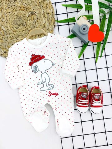 3-6-9-12 Ay Snoopy Nakışlı Patikli Uzun Kollu Kız Erkek Bebek Tulumu