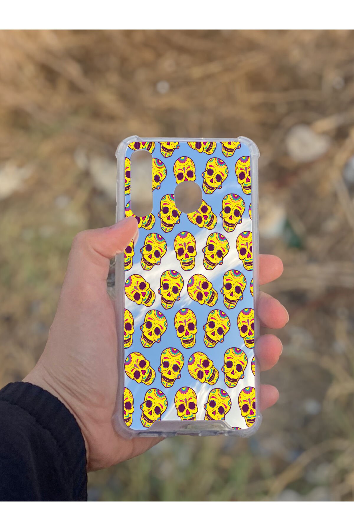 Samsung Galaxy A30 Uyumlu Aynalı Sarı Desenli Darbe Kamera Korumalı Silikon Telefon Kılıfı