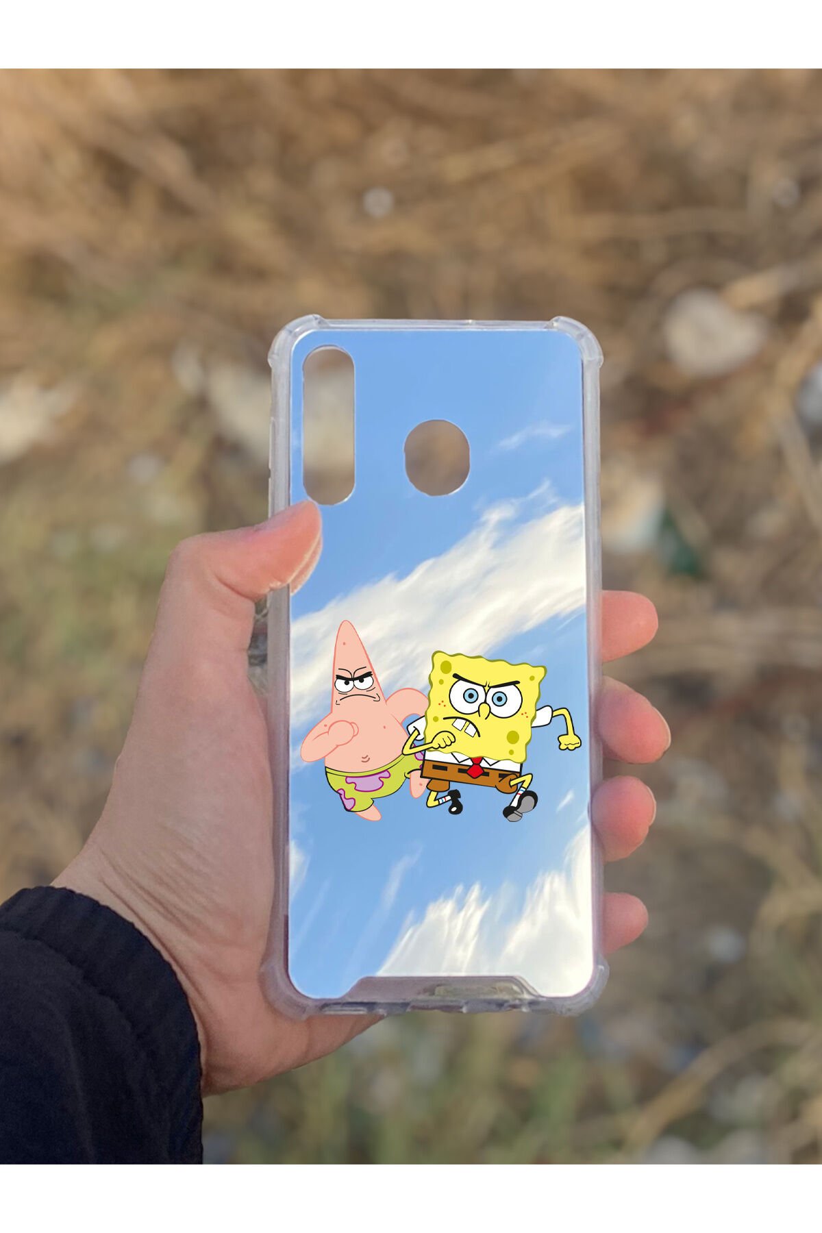 Samsung Galaxy A30 Uyumlu Aynalı Sünger Bob Desenli Darbe Kamera Korumalı Silikon Telefon Kılıfı