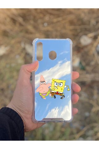 Samsung Galaxy A30 Uyumlu Aynalı Sünger Bob Desenli Darbe Kamera Korumalı Silikon Telefon Kılıfı