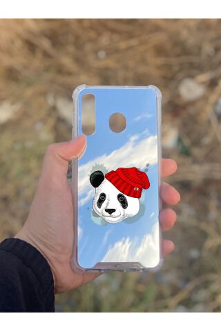 Samsung Galaxy A30 Uyumlu Aynalı Şapkalı Panda Desenli Darbe Kamera Korumalı Silikon Telefon Kılıfı