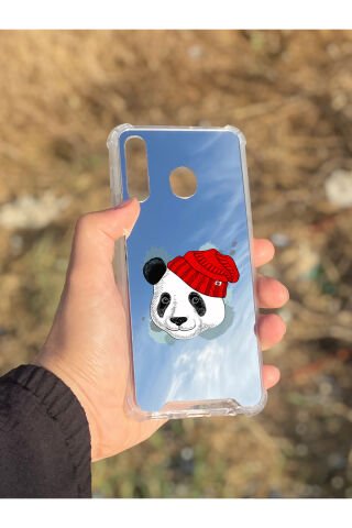 Samsung Galaxy A30 Uyumlu Aynalı Şapkalı Panda Desenli Darbe Kamera Korumalı Silikon Telefon Kılıfı