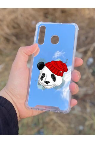 Samsung Galaxy A30 Uyumlu Aynalı Şapkalı Panda Desenli Darbe Kamera Korumalı Silikon Telefon Kılıfı