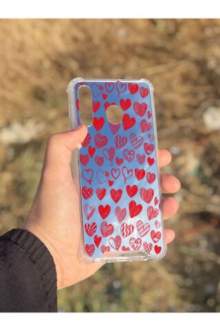 Samsung Galaxy A30 Uyumlu Aynalı Kalp Desenli Darbe Kamera Korumalı Silikon Telefon Kılıfı