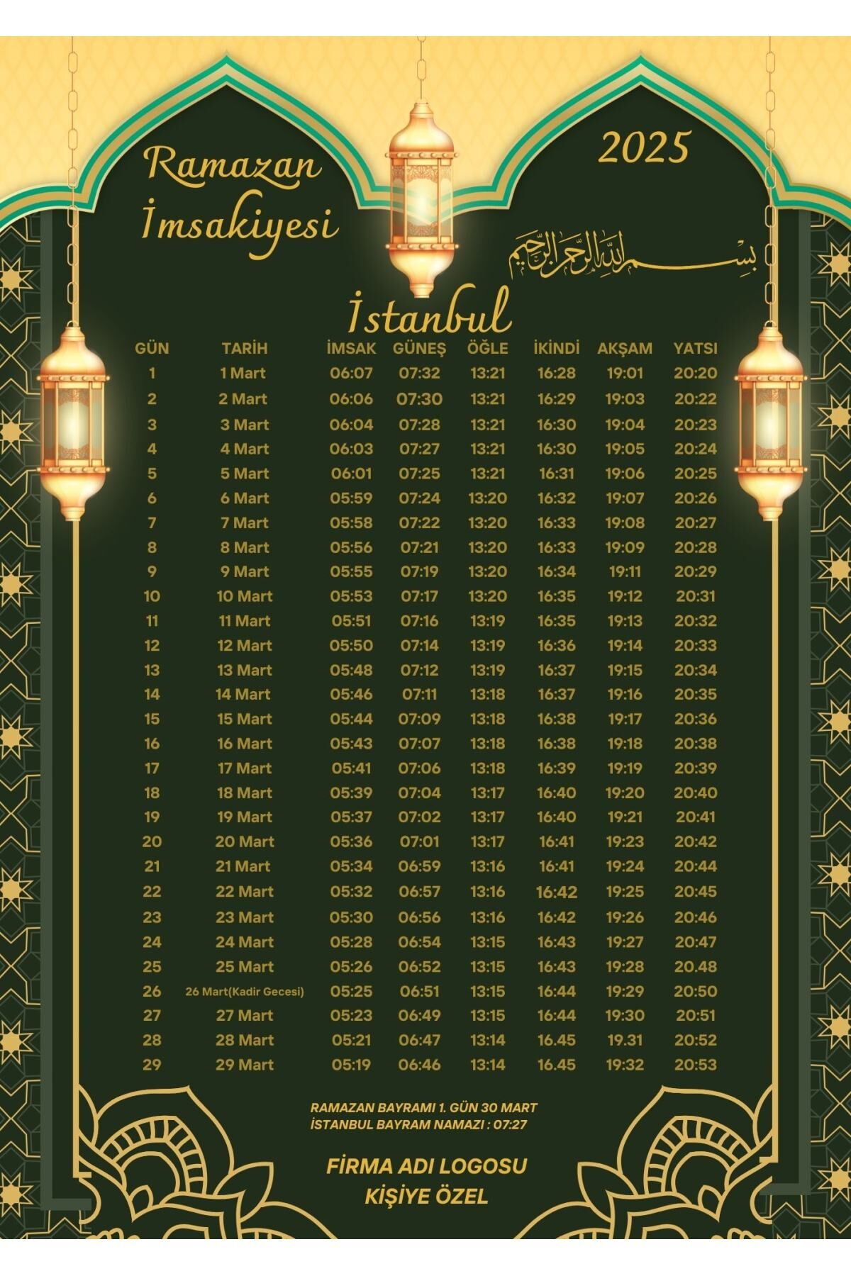 Ramazan İmsakiyesi Modern Kişiye Özel Tasarımlı Dijital Baskı 100 Adet A4 300 gr Model 46