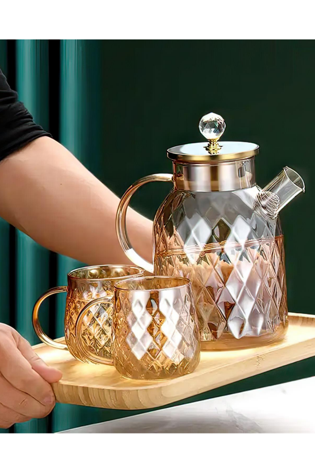 Kabartmalı Bambu Kapaklı Borosilikat Cam Demlik 1500ml Royaleks-CM-2005