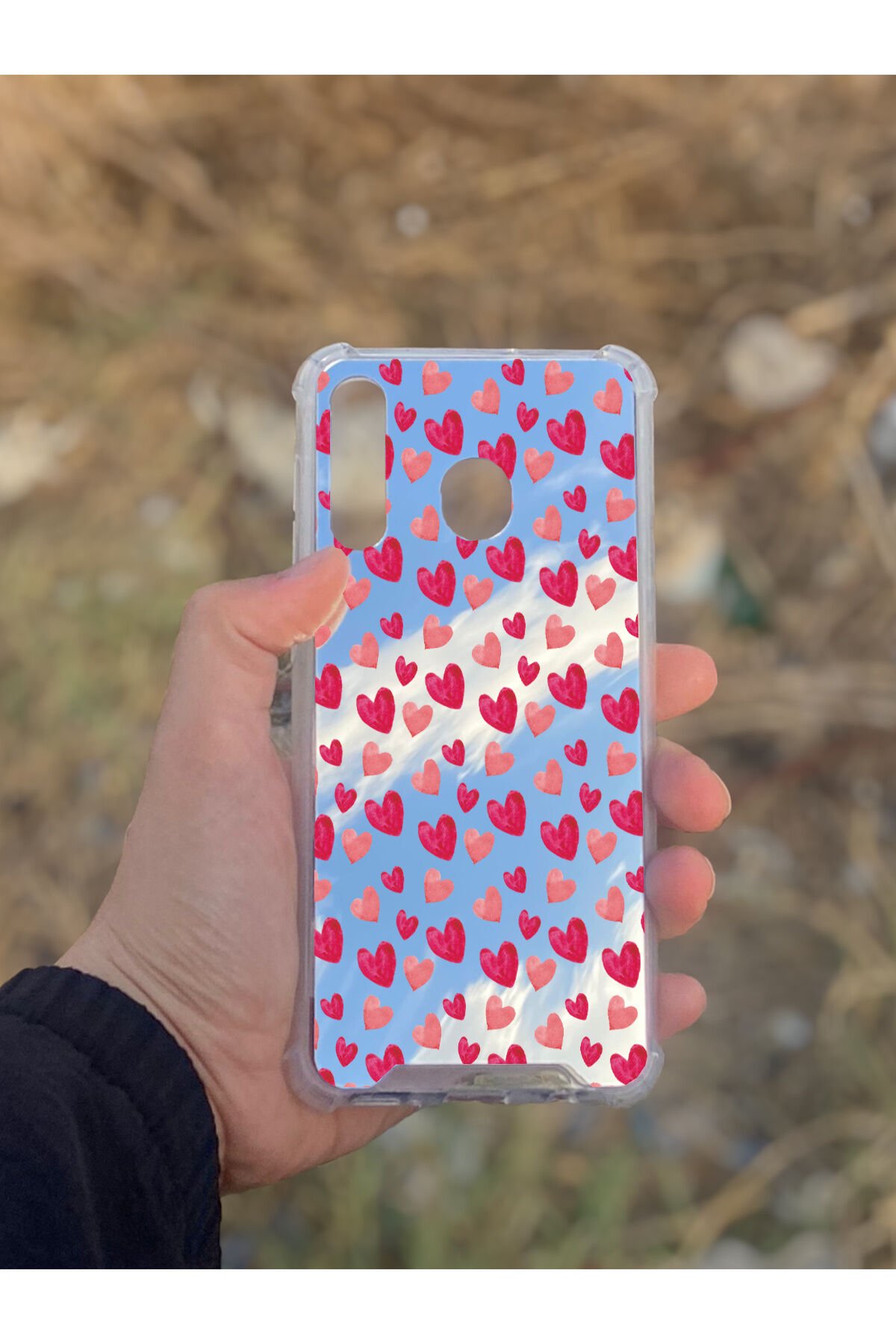 Samsung Galaxy A30 Uyumlu Aynalı Pembe Kalp Desenli Darbe Kamera Korumalı Silikon Telefon Kılıfı