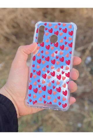 Samsung Galaxy A30 Uyumlu Aynalı Pembe Kalp Desenli Darbe Kamera Korumalı Silikon Telefon Kılıfı