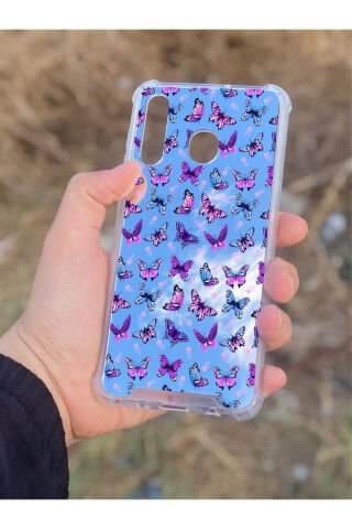 Samsung Galaxy A30 Uyumlu Aynalı Kelebek Desenli Darbe Kamera Korumalı Silikon Telefon Kılıfı