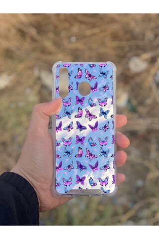 Samsung Galaxy A30 Uyumlu Aynalı Kelebek Desenli Darbe Kamera Korumalı Silikon Telefon Kılıfı