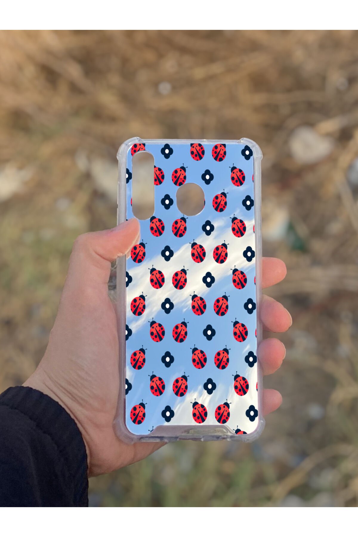 Samsung Galaxy A30 Uyumlu Aynalı Uğur Böceği Desenli Darbe Kamera Korumalı Silikon Telefon Kılıfı