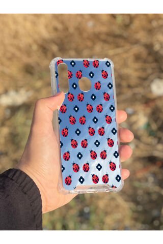 Samsung Galaxy A30 Uyumlu Aynalı Uğur Böceği Desenli Darbe Kamera Korumalı Silikon Telefon Kılıfı