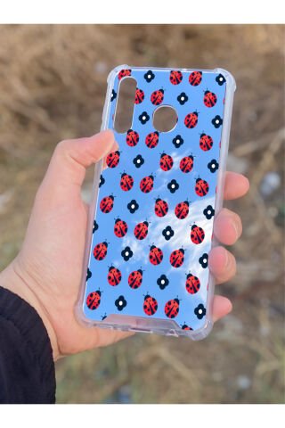 Samsung Galaxy A30 Uyumlu Aynalı Uğur Böceği Desenli Darbe Kamera Korumalı Silikon Telefon Kılıfı