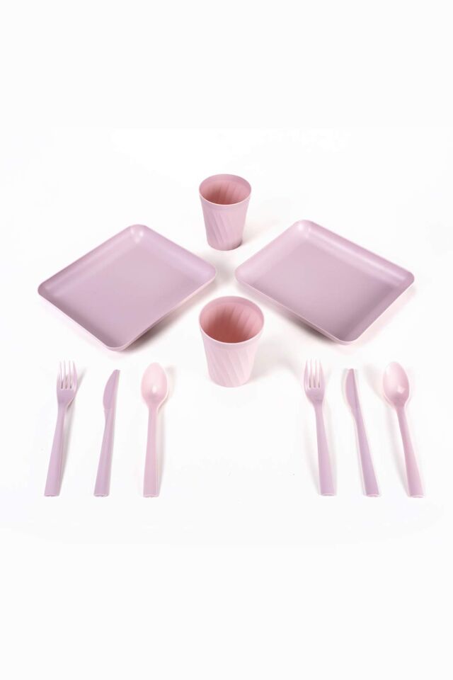 11 Parça Piknik Seti Piknik Tabak Çatal Kaşık Bıçak Bardak Ve Saklama Çantası Pudra Rengi