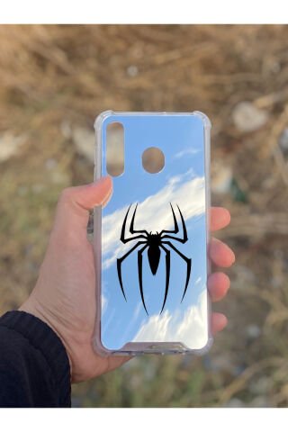 Samsung Galaxy A30 Uyumlu Aynalı Spider Desenli Darbe Kamera Korumalı Silikon Telefon Kılıfı