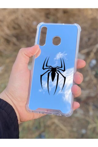 Samsung Galaxy A30 Uyumlu Aynalı Spider Desenli Darbe Kamera Korumalı Silikon Telefon Kılıfı