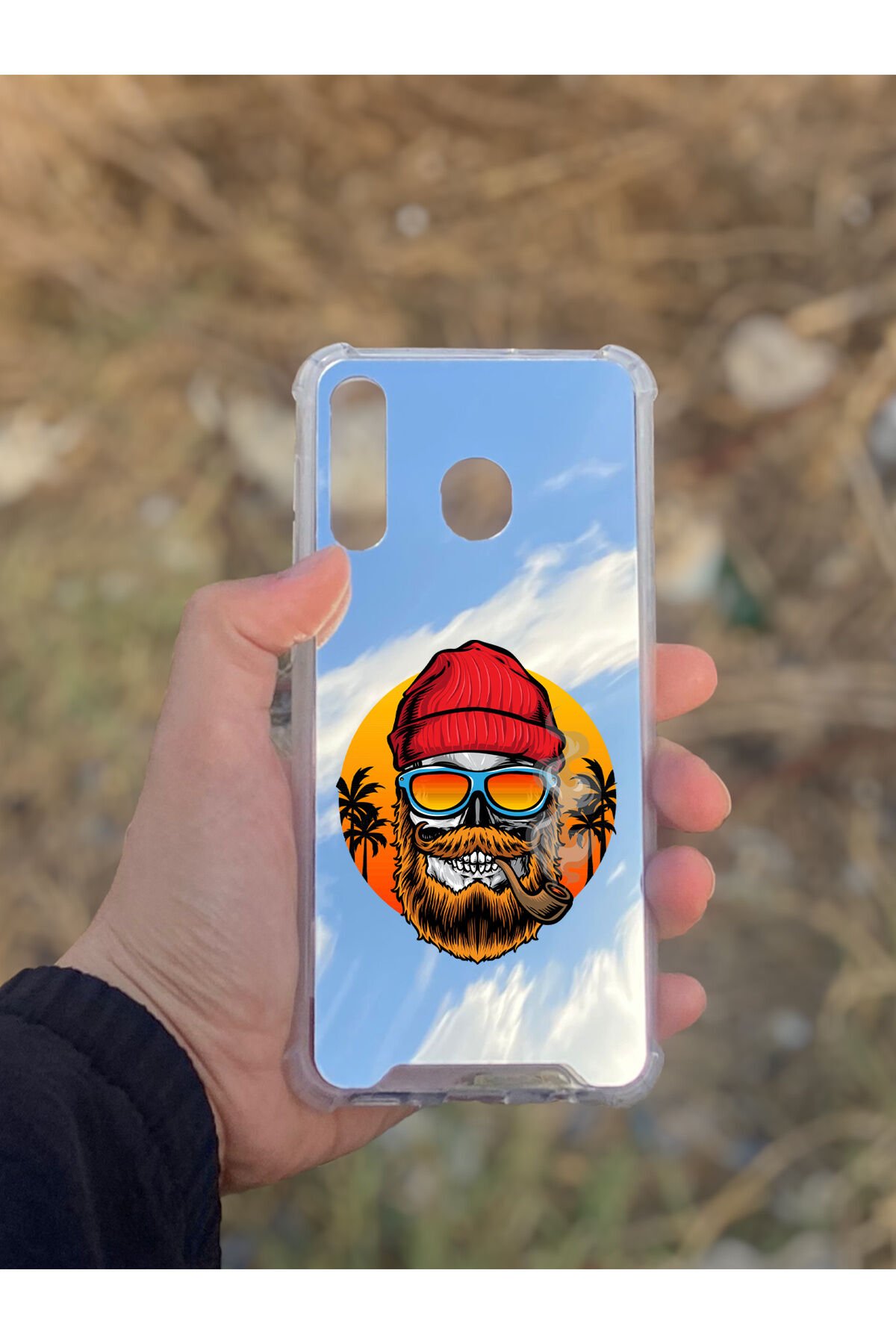 Samsung Galaxy A30 Uyumlu Aynalı Kuru Kafa Desenli Darbe Kamera Korumalı Silikon Telefon Kılıfı