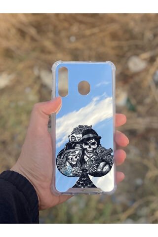 Samsung Galaxy A30 Uyumlu Aynalı Siyah Desenli Darbe Kamera Korumalı Silikon Telefon Kılıfı