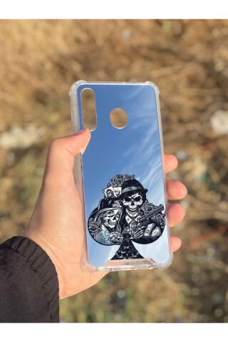 Samsung Galaxy A30 Uyumlu Aynalı Siyah Desenli Darbe Kamera Korumalı Silikon Telefon Kılıfı