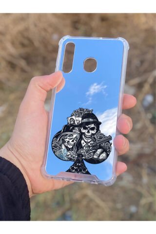Samsung Galaxy A30 Uyumlu Aynalı Siyah Desenli Darbe Kamera Korumalı Silikon Telefon Kılıfı