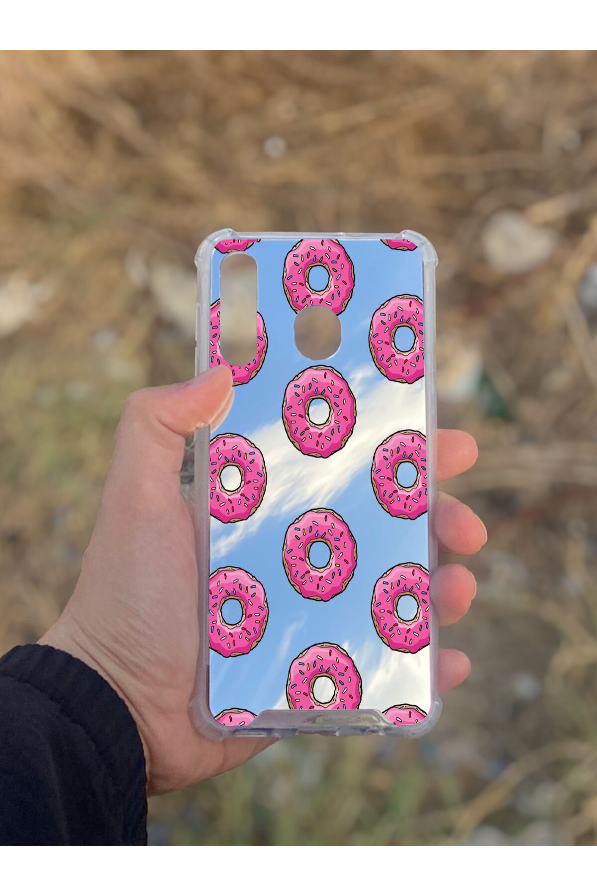 Samsung Galaxy A30 Uyumlu Aynalı Pembe Donut Desenli Darbe Kamera Korumalı Silikon Telefon Kılıfı