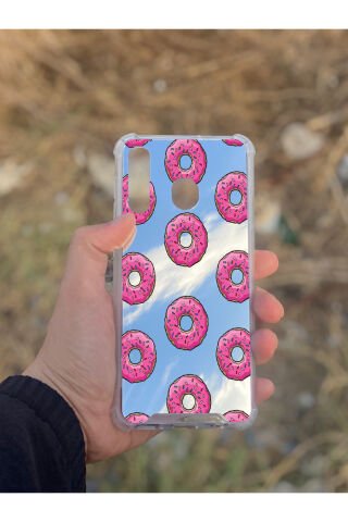 Samsung Galaxy A30 Uyumlu Aynalı Pembe Donut Desenli Darbe Kamera Korumalı Silikon Telefon Kılıfı
